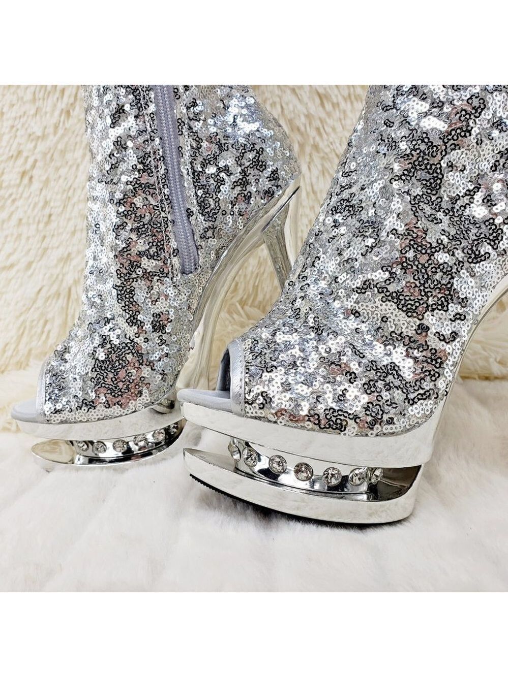 3011 Silver Sequin Open Toe Thigh High Heel Boots Blondie - Picture 13 of 15